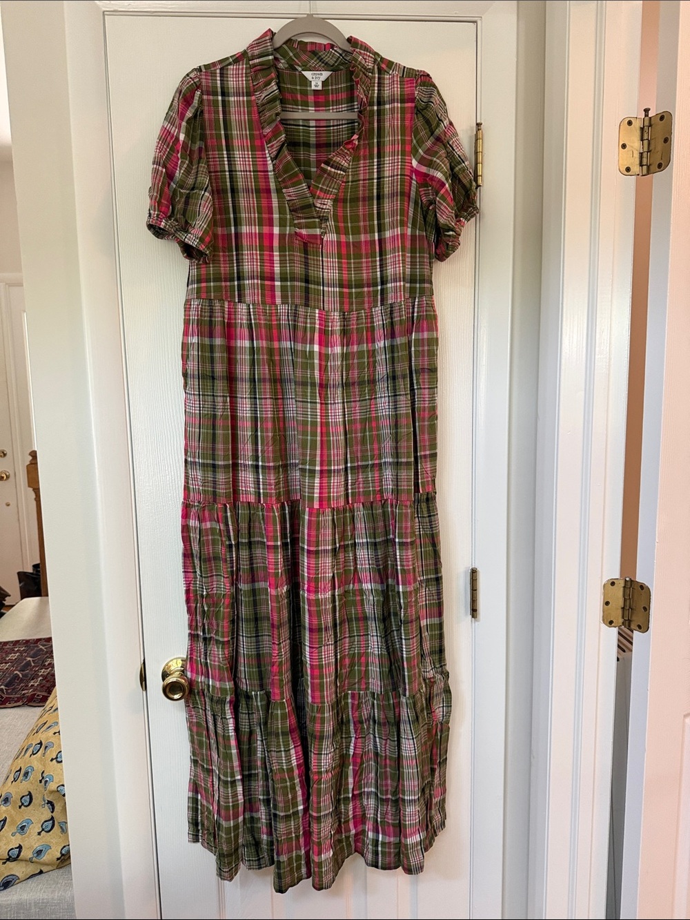crown & ivy Olive Green and Pink Plaid Maxi Dress